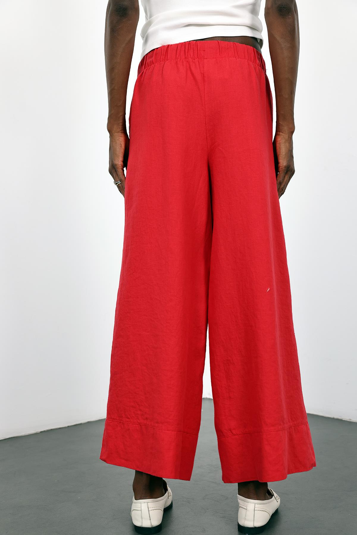 Kırmızı %100 Keten Beli Lastikli Pantolon 