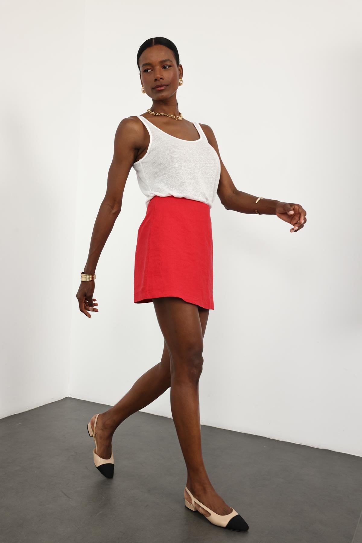 Kırmızı %100 Keten Mini Etek 