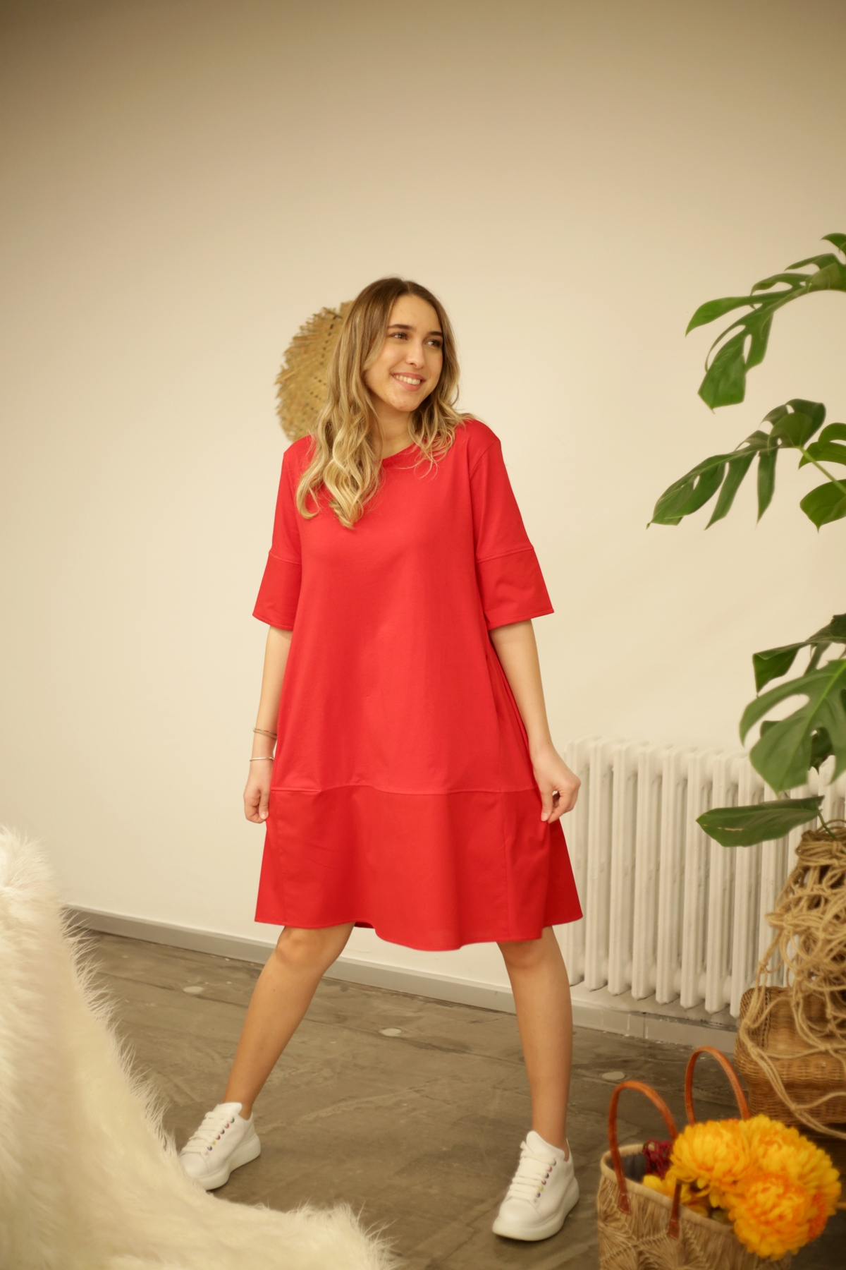 Kırmızı Altı Poplin Cepli Çan Elbise 1217