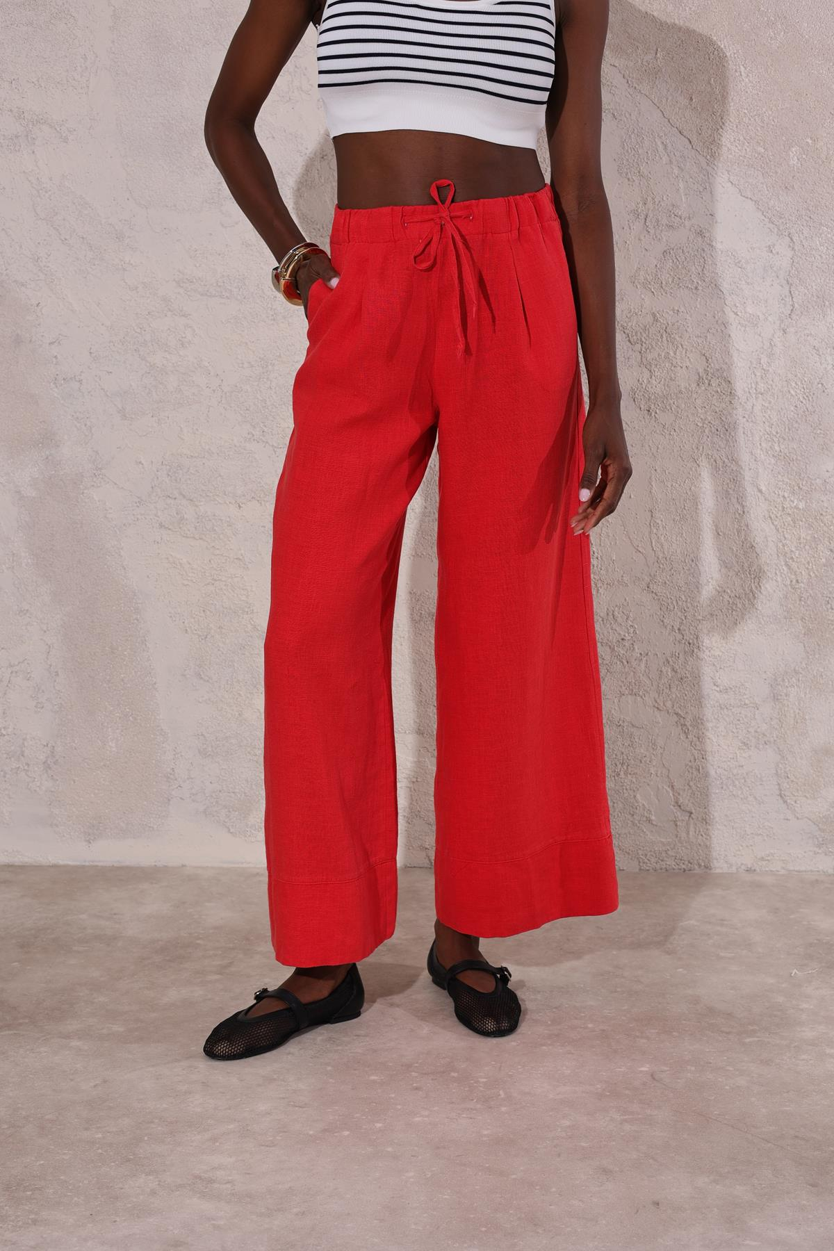 Kırmızı Beli Lastikli Keten Pantolon 1564
