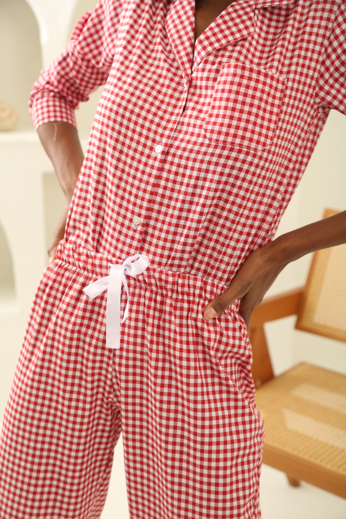 Kırmızı-Beyaz Ekoseli Poplin Pijama Takım 8134