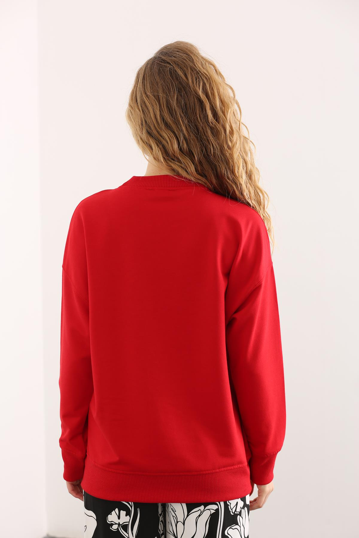 Kırmızı Bisiklet Yaka Sweatshirt 