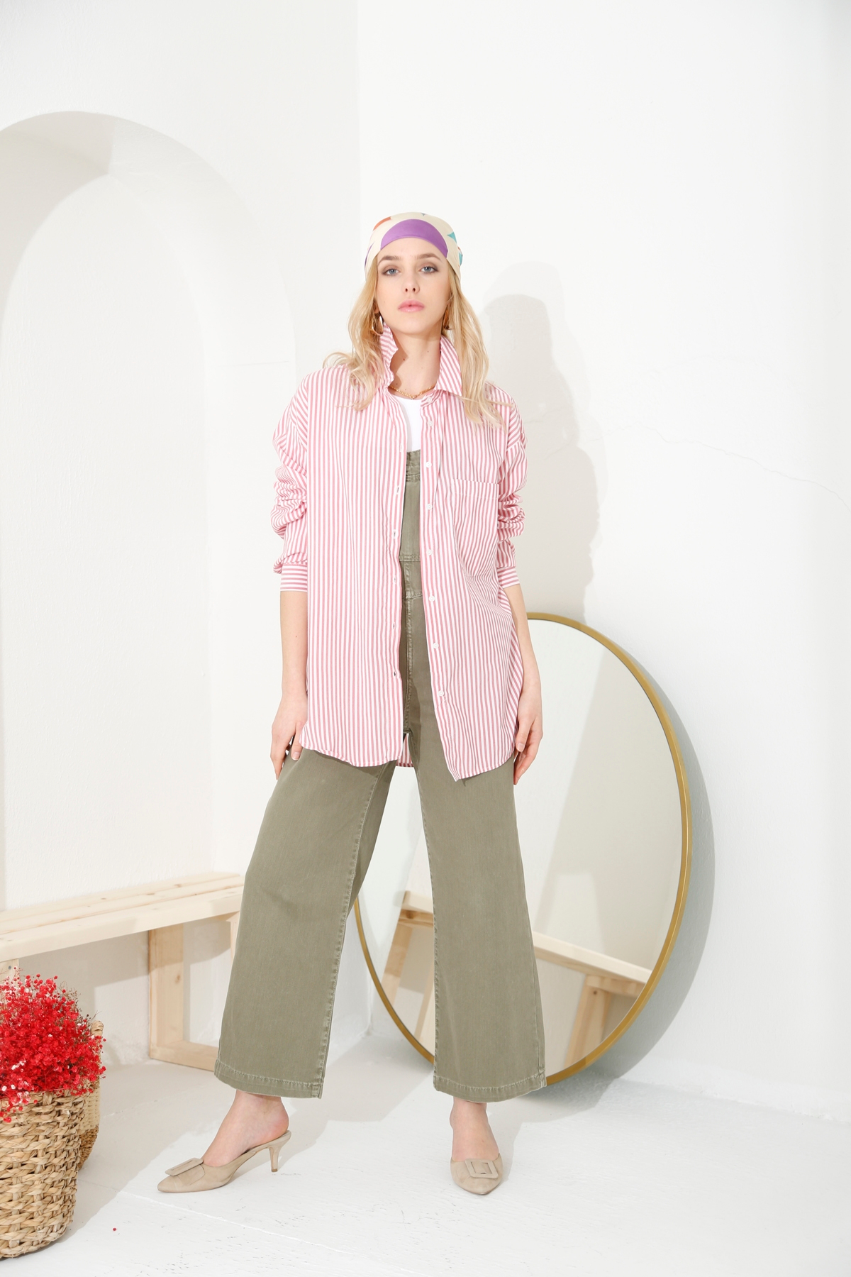 Kırmızı Çizgili Oversize Gömlek 4031