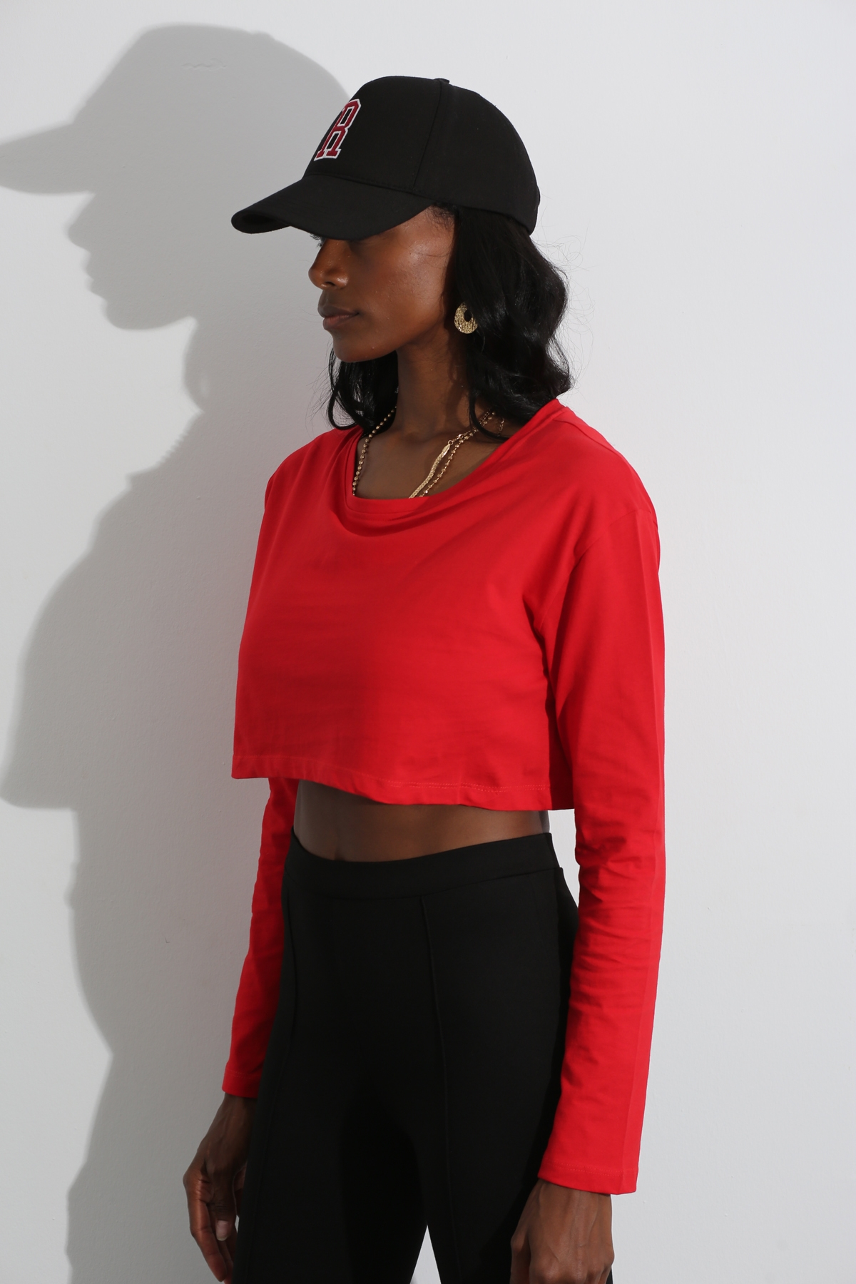 Kırmızı Crop Detaylı Uzun Kol Tshirt 