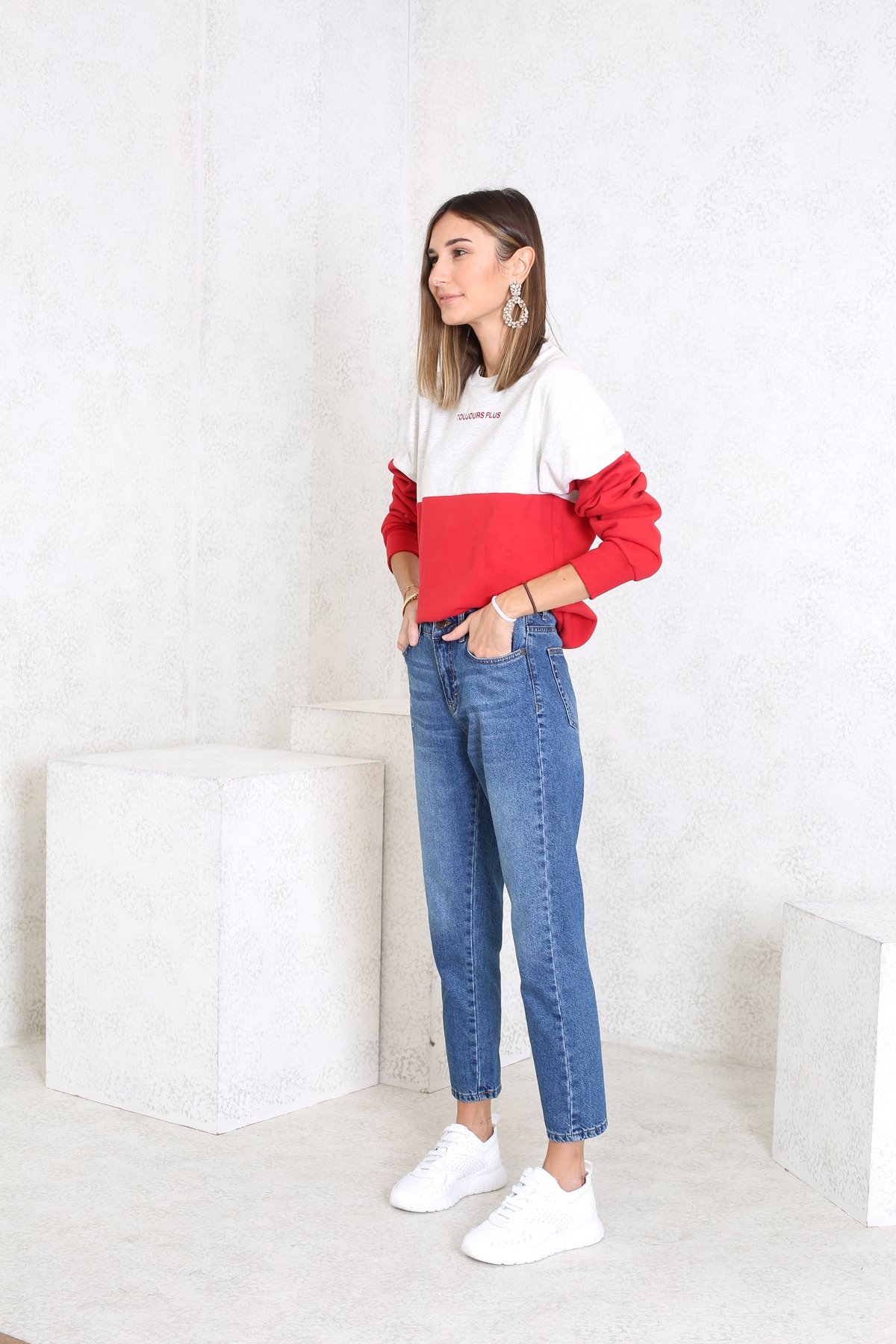 Kırmızı İki Renk Bisiklet Yaka Sweatshirt
