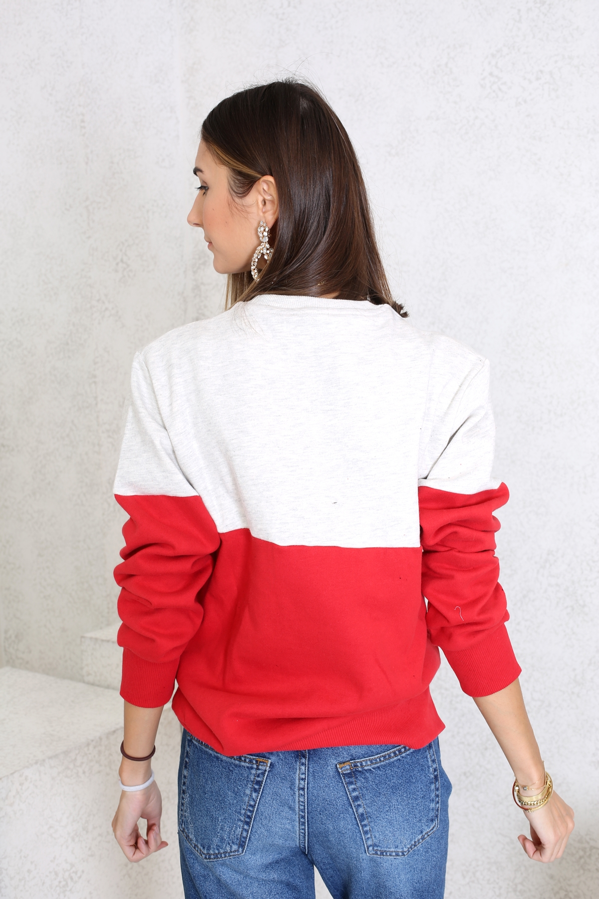 Kırmızı İki Renk Bisiklet Yaka Sweatshirt