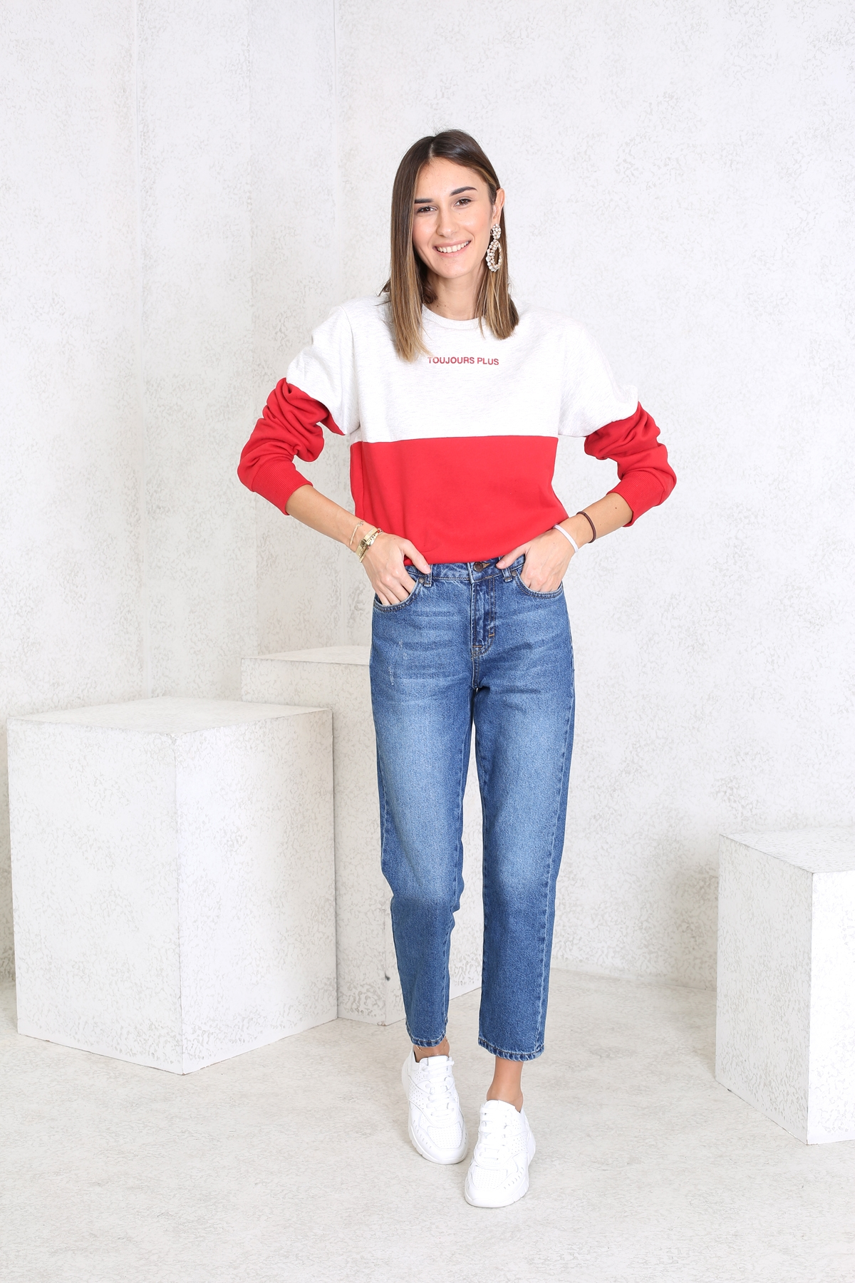 Kırmızı İki Renk Bisiklet Yaka Sweatshirt