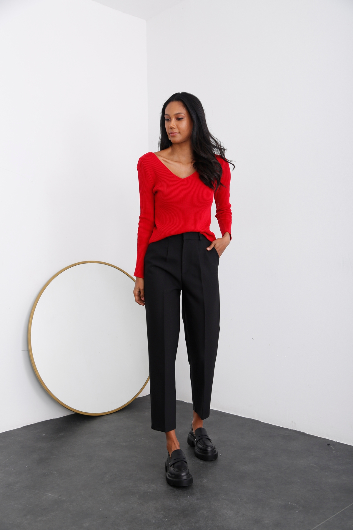 Kırmızı Ön Arka V Yaka Triko 1001