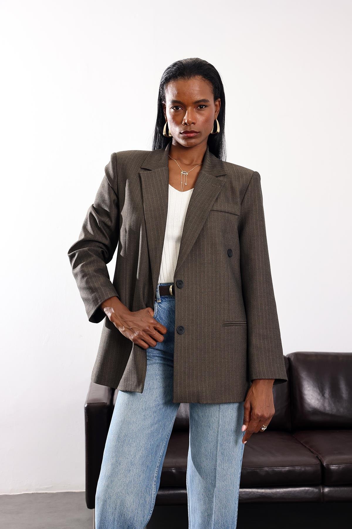 Koyu Haki Düğmeli Oversize Ceket 17255