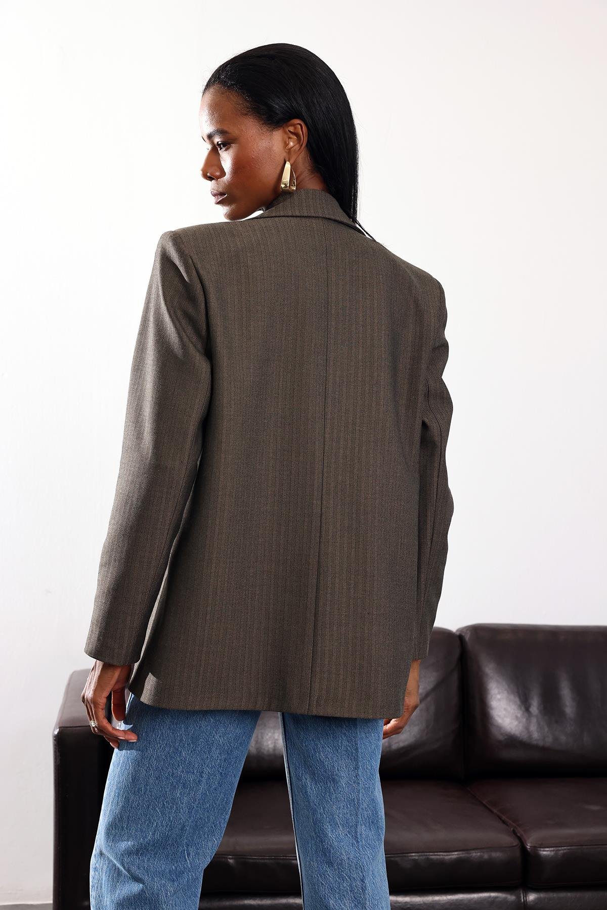 Koyu Haki Düğmeli Oversize Ceket 17255