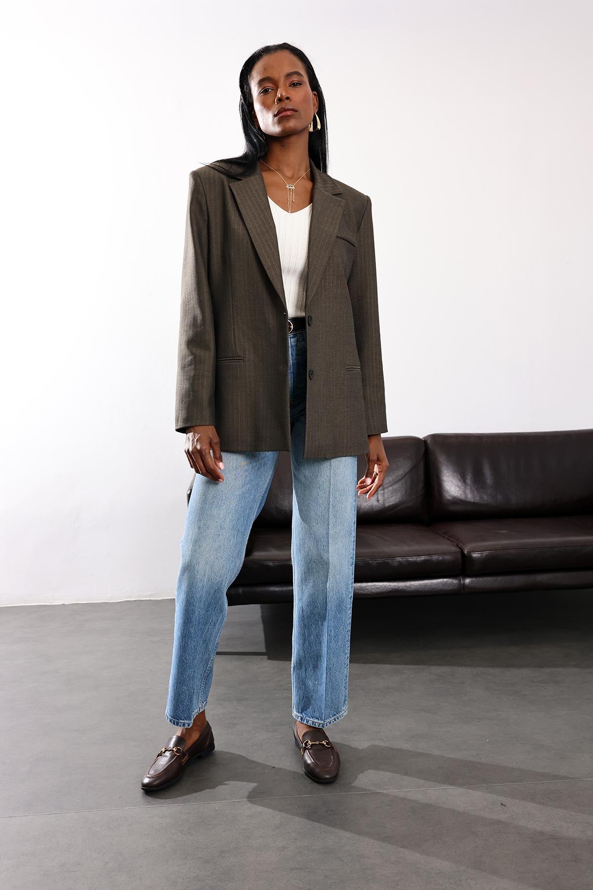 Koyu Haki Düğmeli Oversize Ceket 17255