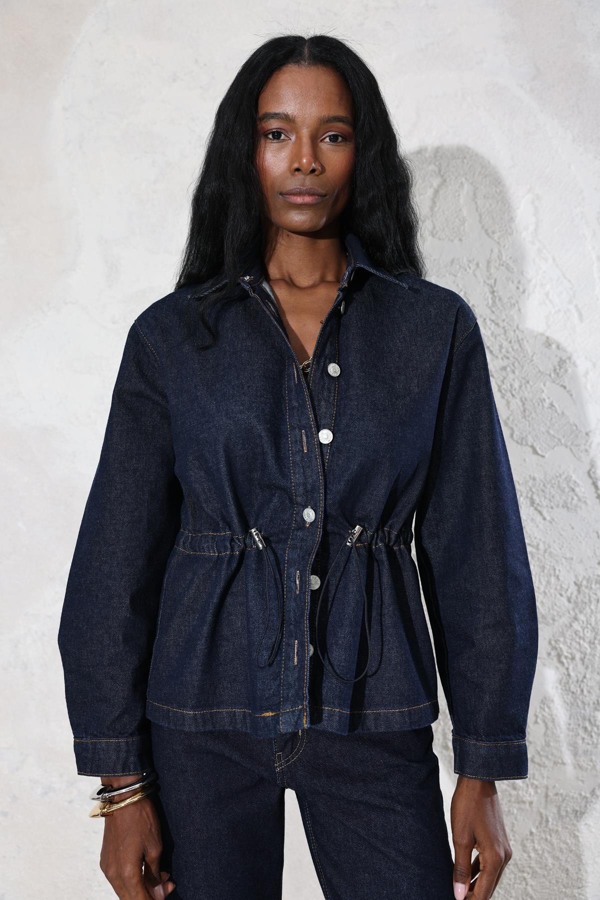 Koyu Lacivert Beli Büzgülü Denim Ceket 0265