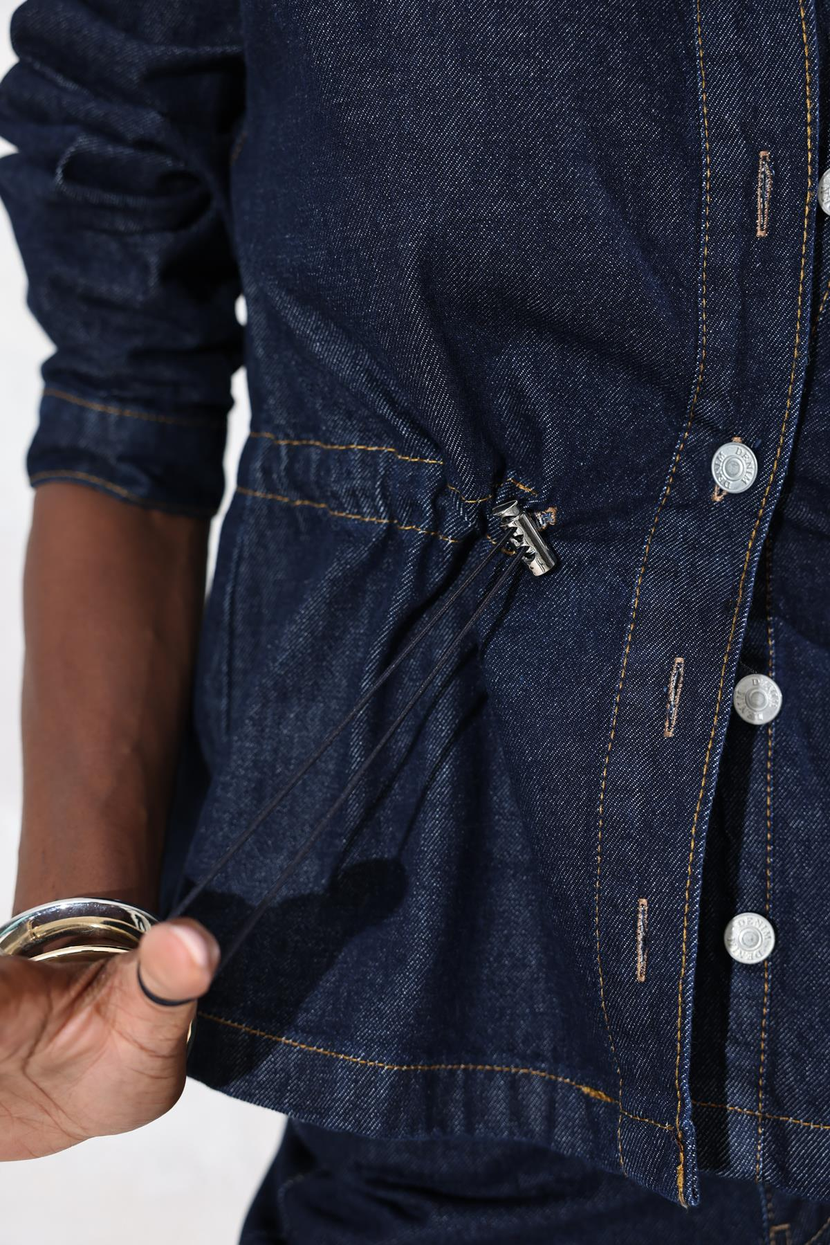 Koyu Lacivert Beli Büzgülü Denim Ceket 0265