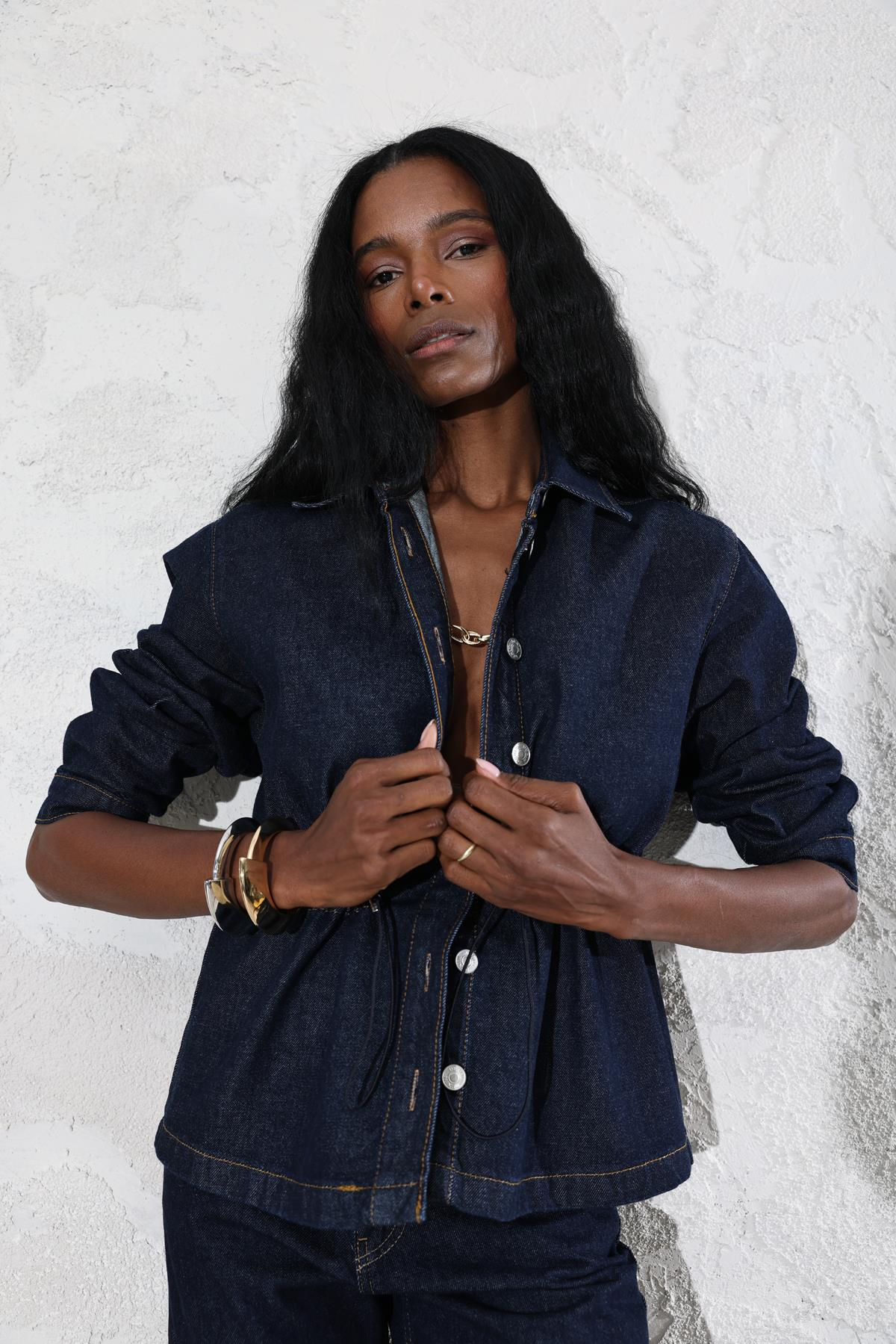 Koyu Lacivert Beli Büzgülü Denim Ceket 0265