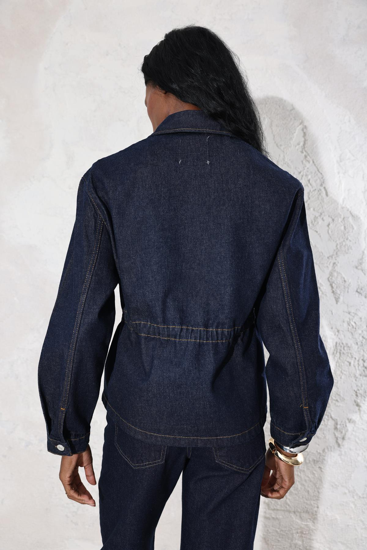 Koyu Lacivert Beli Büzgülü Denim Ceket 0265