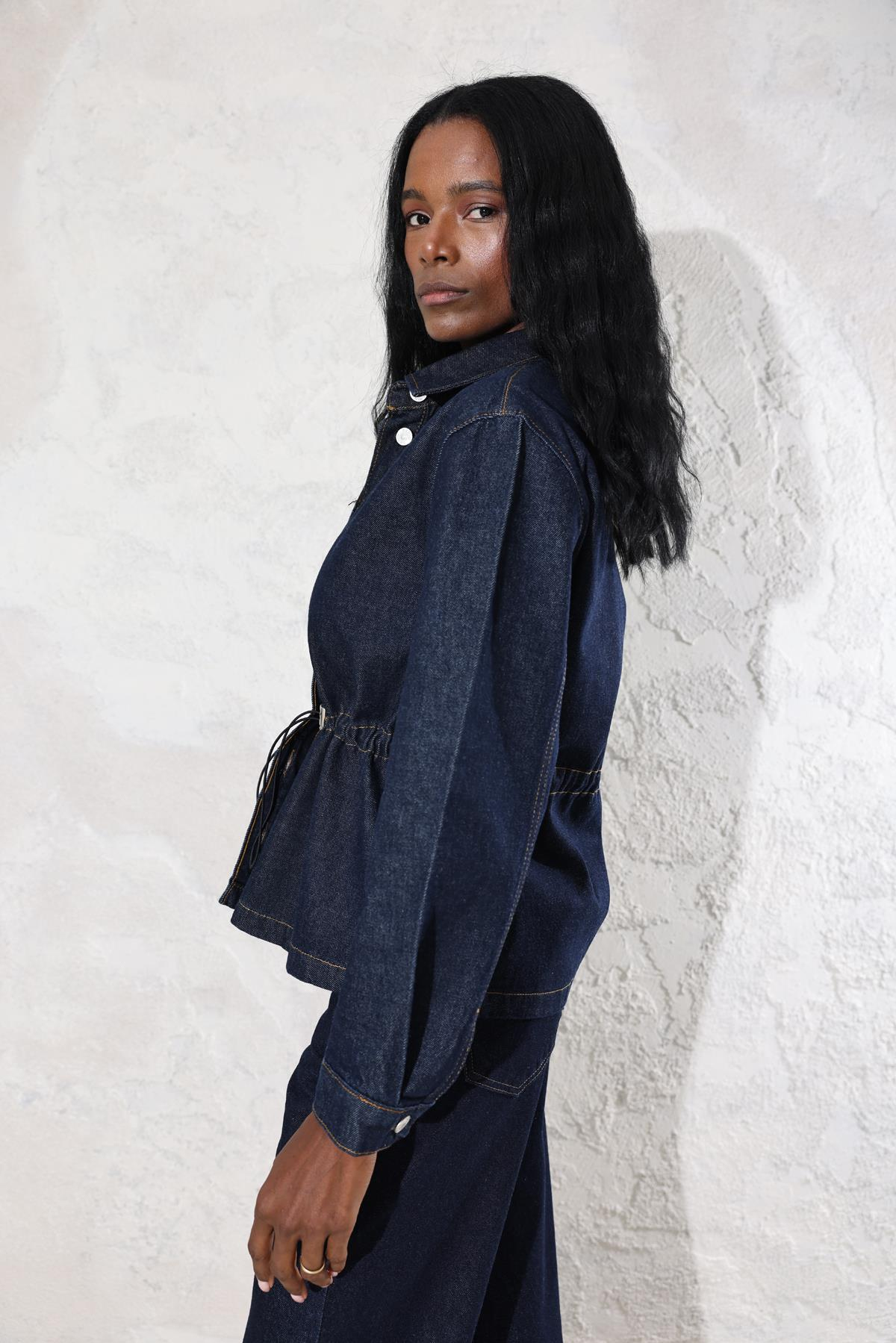 Koyu Lacivert Beli Büzgülü Denim Ceket 0265