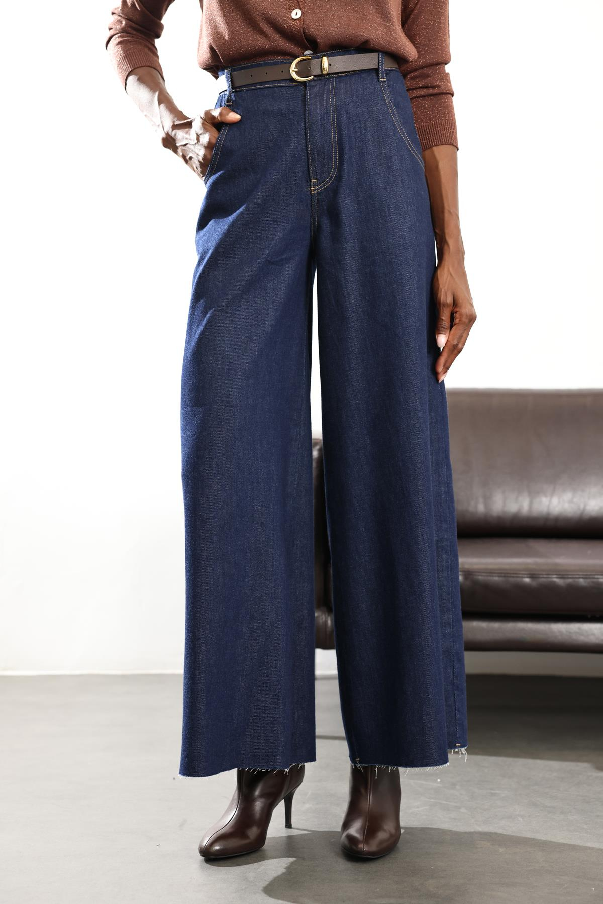 Koyu Lacivert Beli Lastikli Jean 