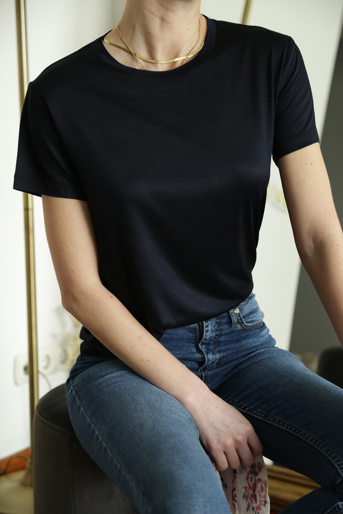 Koyu Lacivert Bisiklet Yaka liyosel Merserize Tshirt 