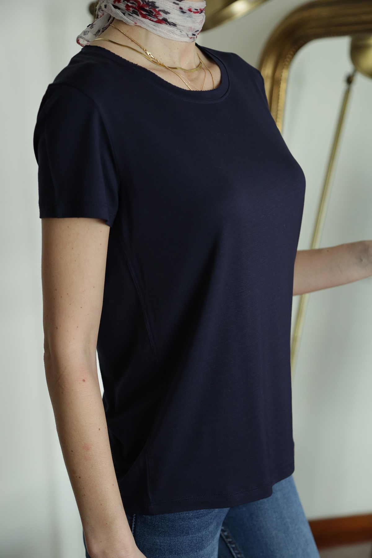 Koyu Lacivert Bisiklet Yaka Merserize Salaş Tshirt 