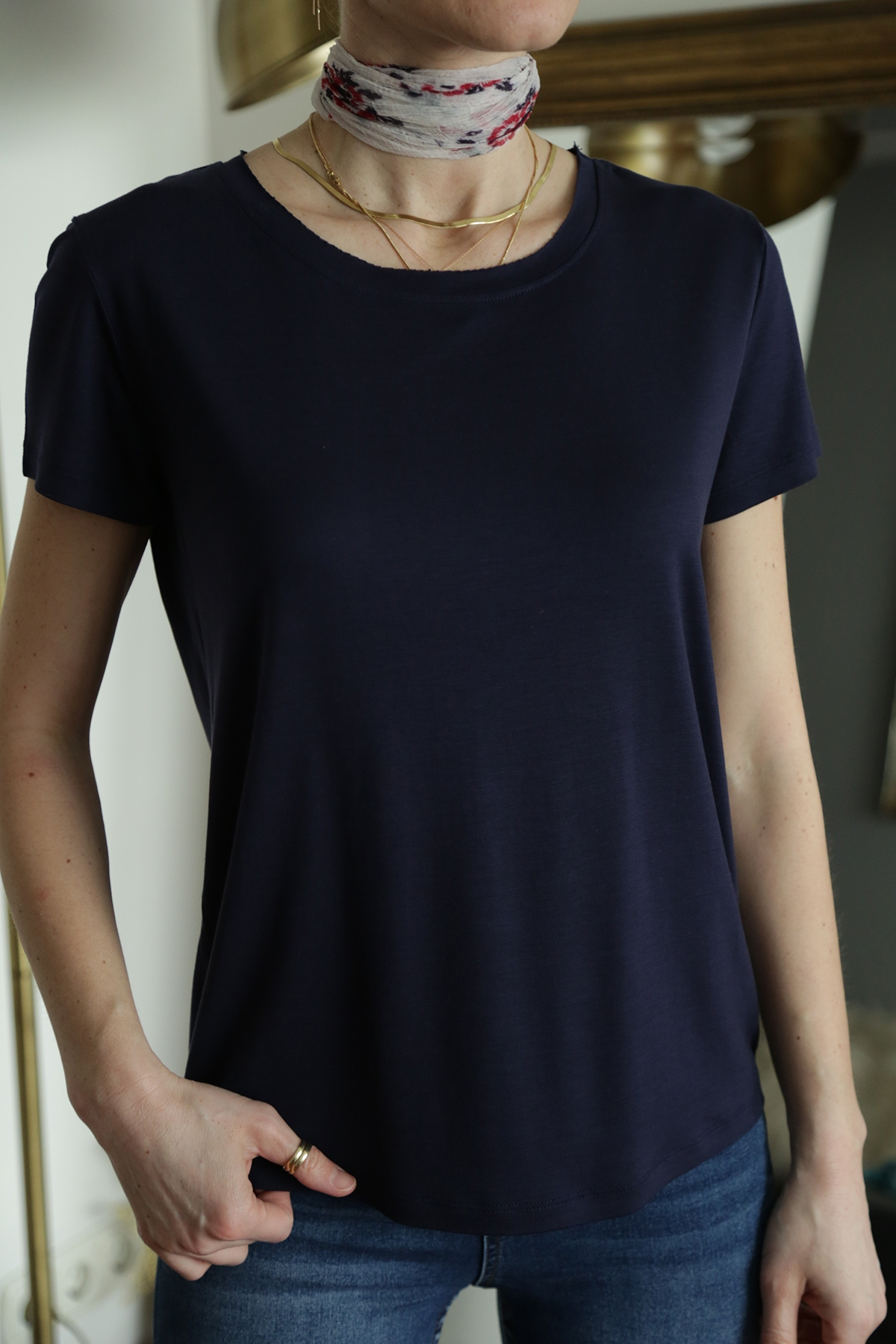 Koyu Lacivert Bisiklet Yaka Merserize Salaş Tshirt 