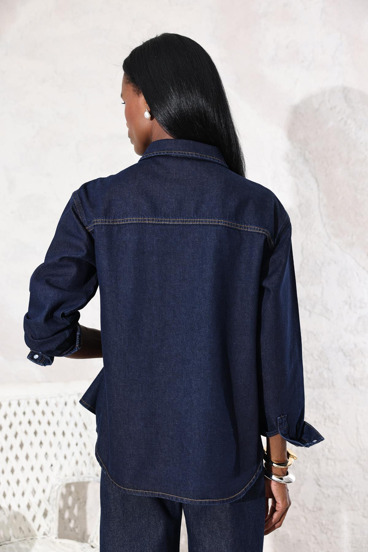 Koyu Lacivert Çıtçıtlı Denim Gömlek 35364