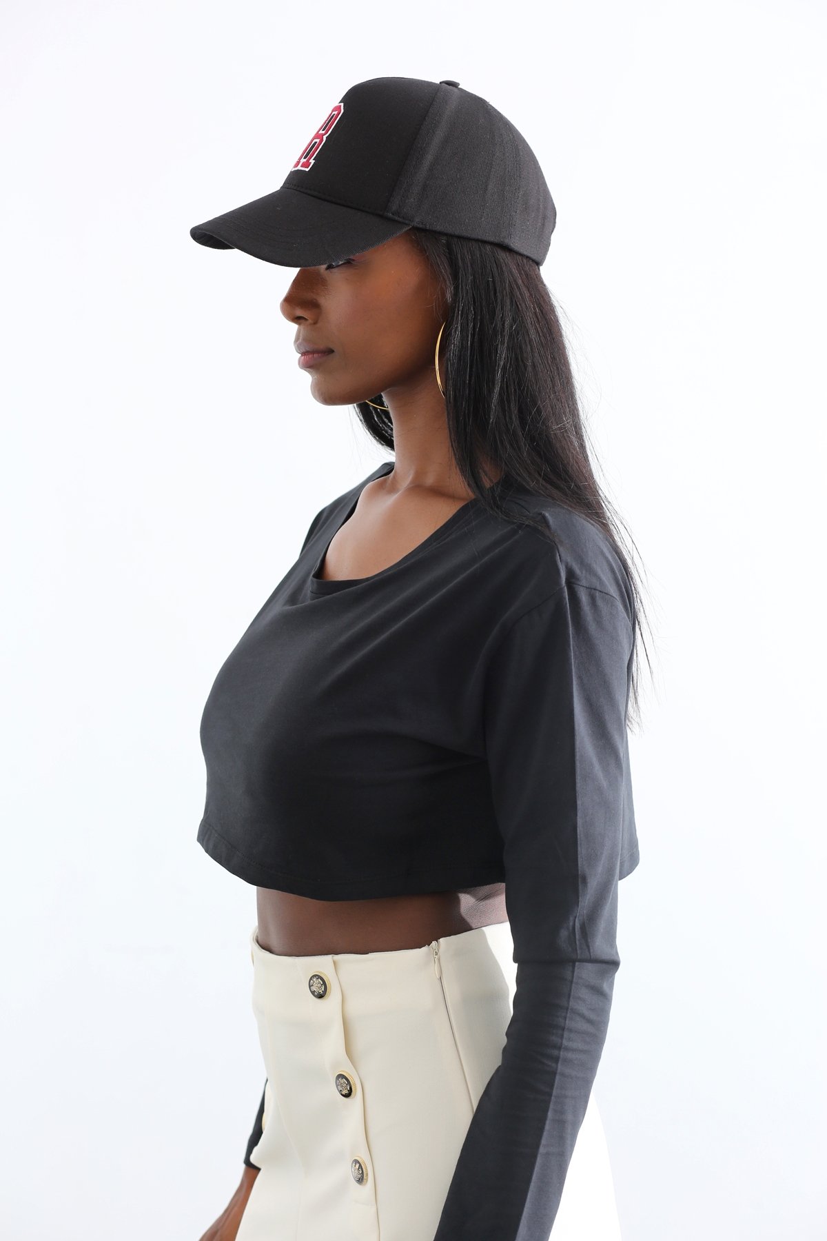 Koyu Lacivert Crop Detaylı Uzun Kol Tshirt 