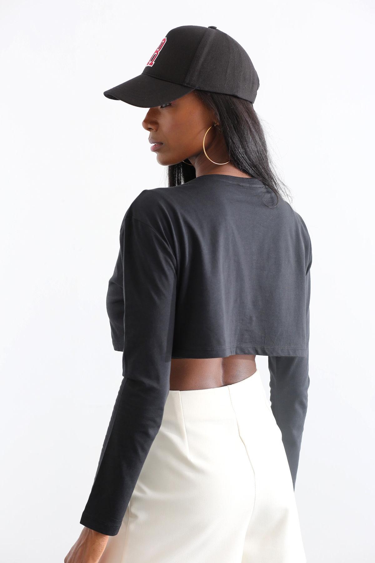 Koyu Lacivert Crop Detaylı Uzun Kol Tshirt 
