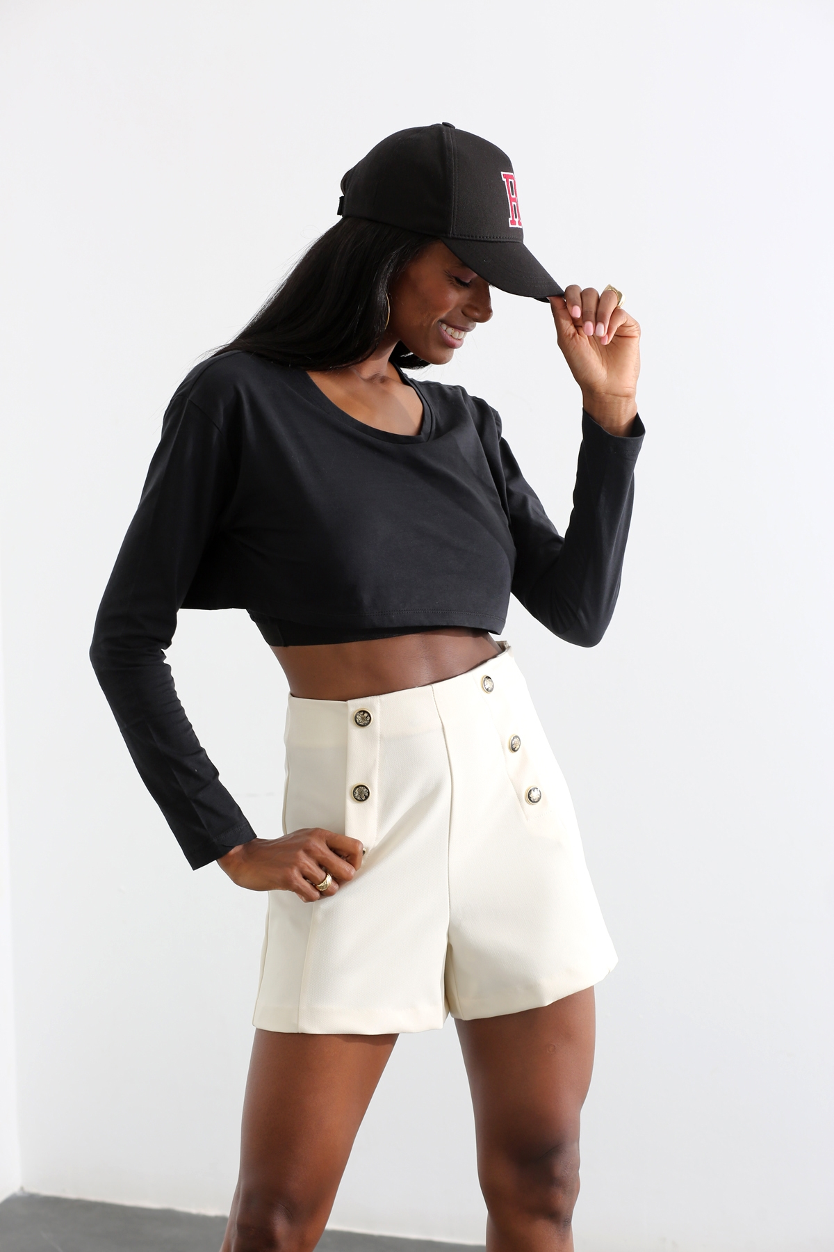 Koyu Lacivert Crop Detaylı Uzun Kol Tshirt 