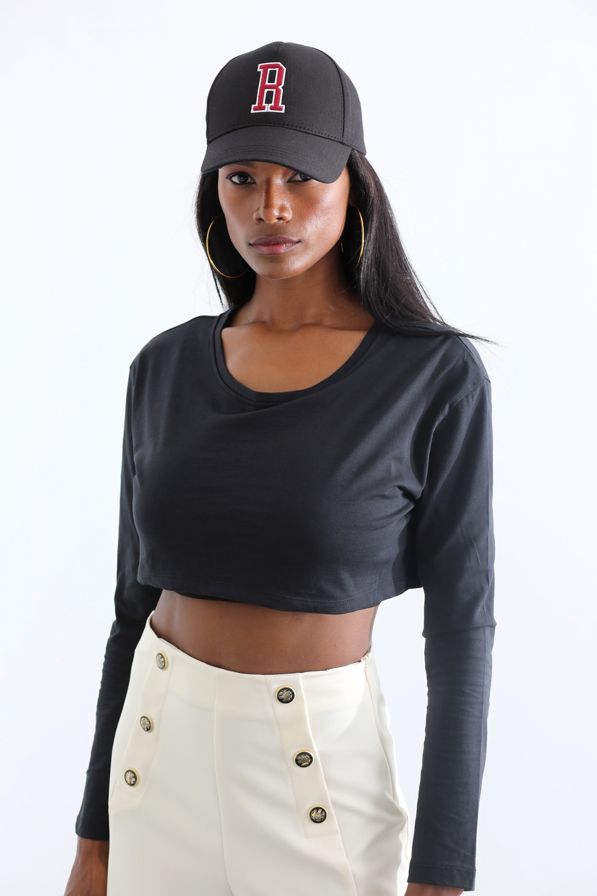 Koyu Lacivert Crop Detaylı Uzun Kol Tshirt 