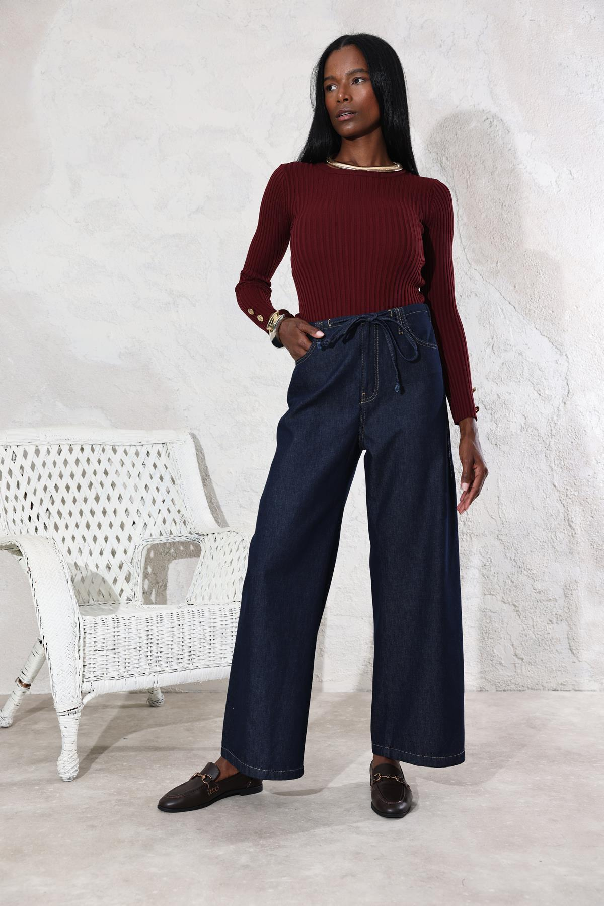 Koyu Lacivert Orta Bel Beli Bağcıklı Jean 308015