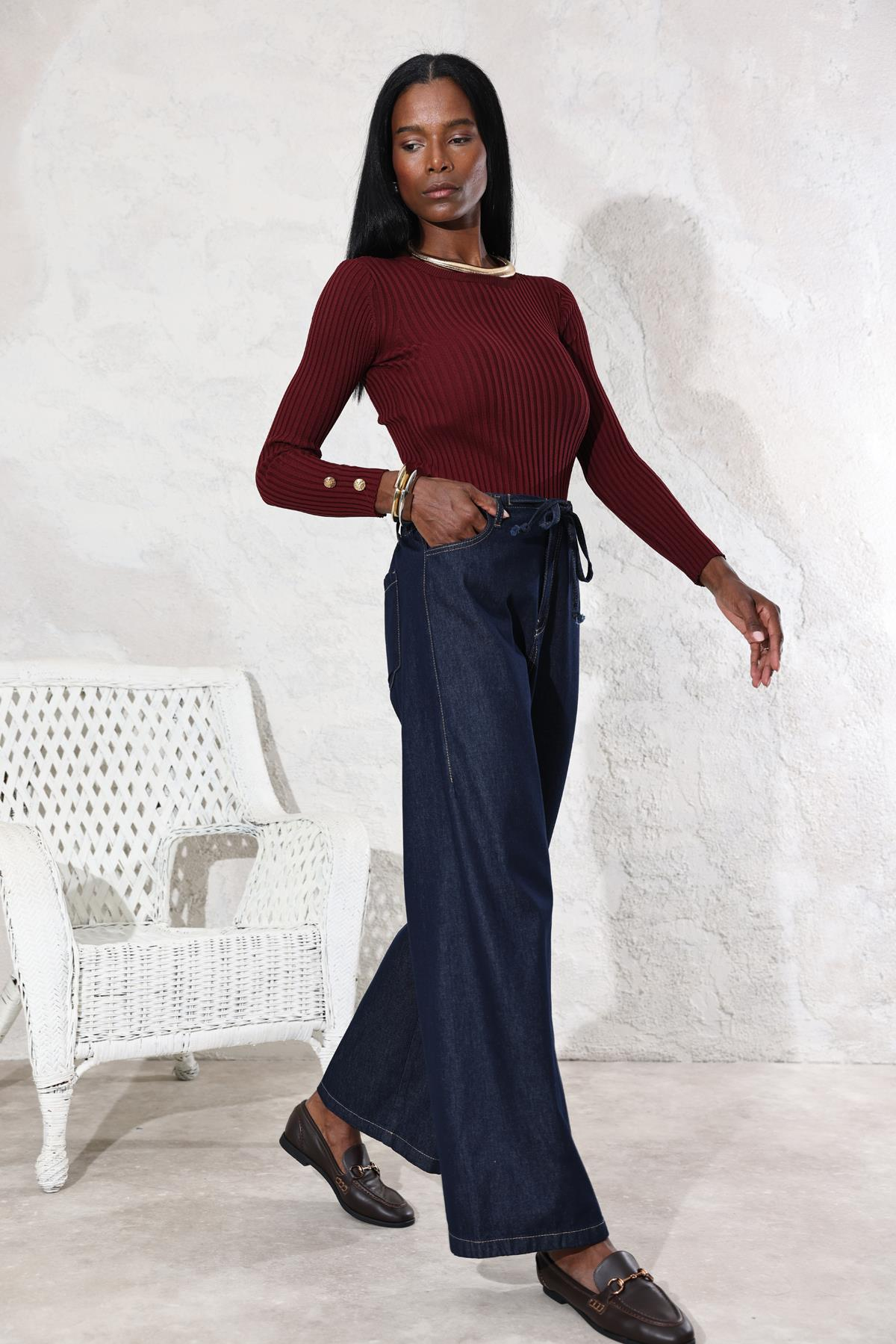 Koyu Lacivert Orta Bel Beli Bağcıklı Jean 308015