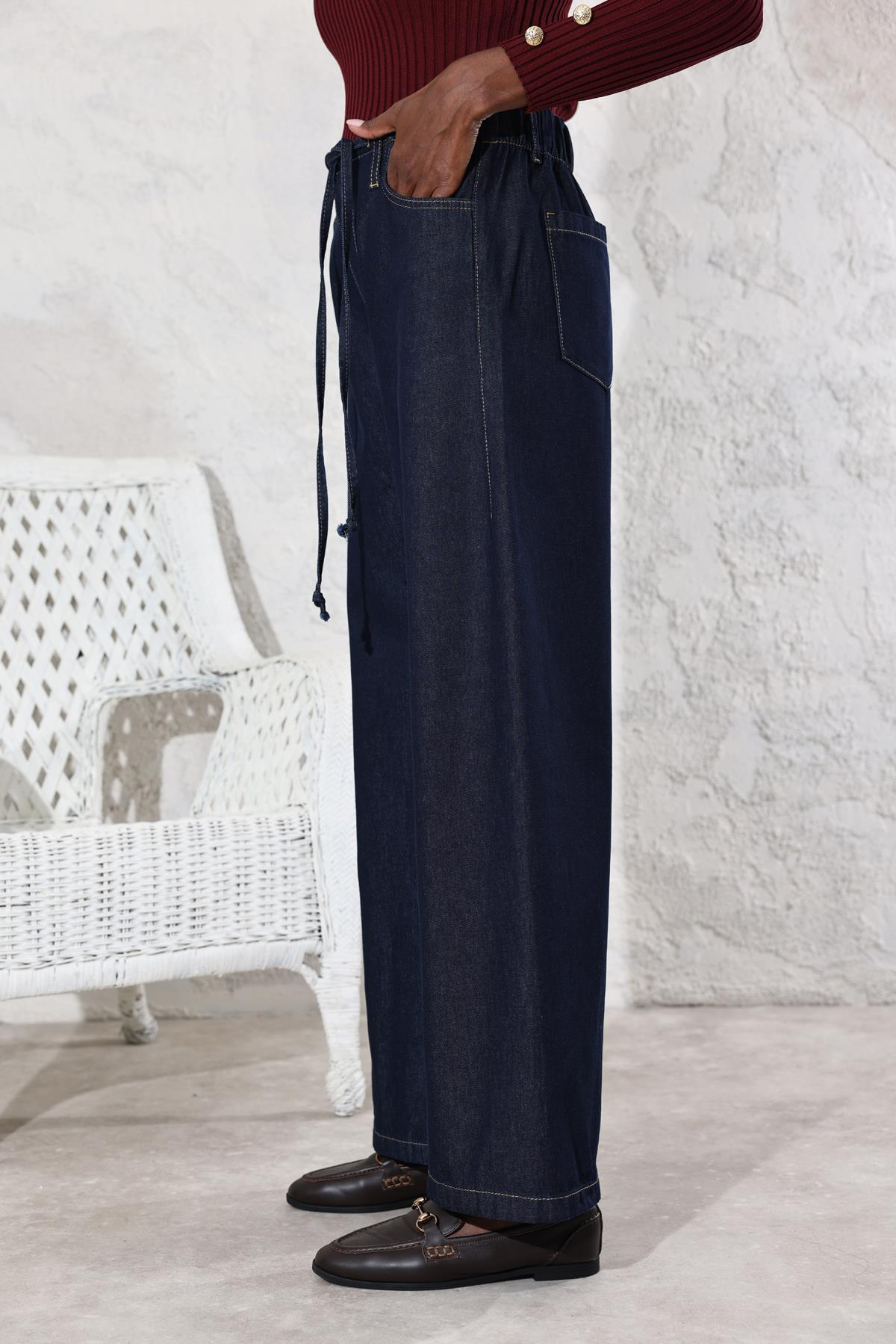 Koyu Lacivert Orta Bel Beli Bağcıklı Jean 308015