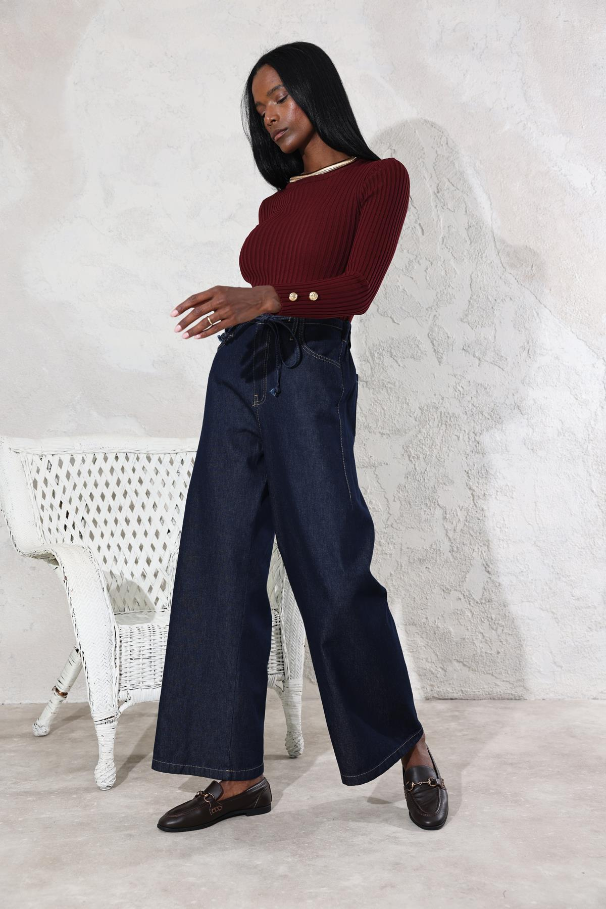 Koyu Lacivert Orta Bel Beli Bağcıklı Jean 308015