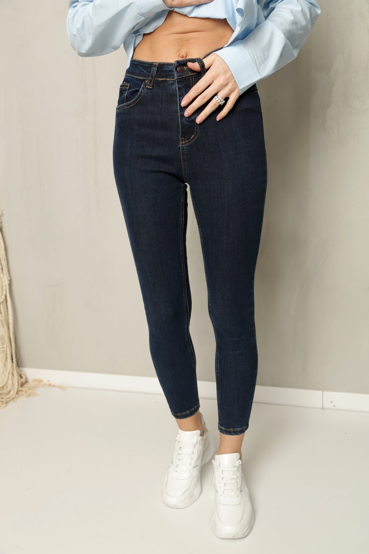 Koyu Lacivert Yüksek Bel Toparlayan Slim Fit Jean 