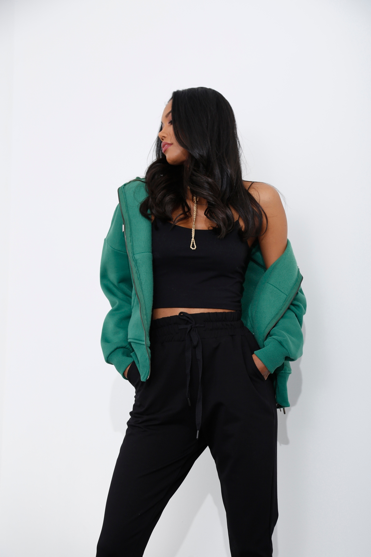 Koyu Yeşil Fermuarlı Şardonlu Sweatshirt 0086