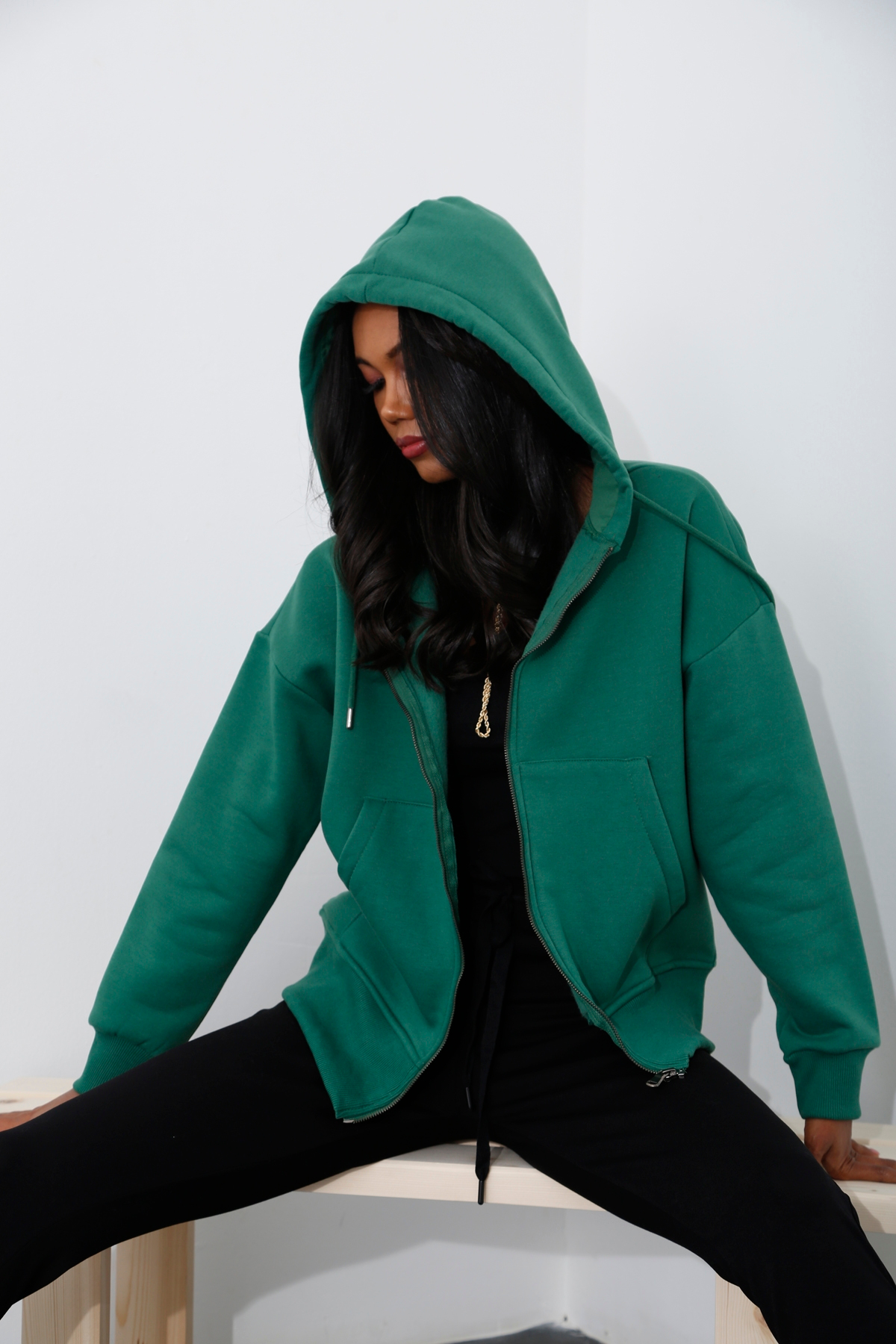 Koyu Yeşil Fermuarlı Şardonlu Sweatshirt 0086