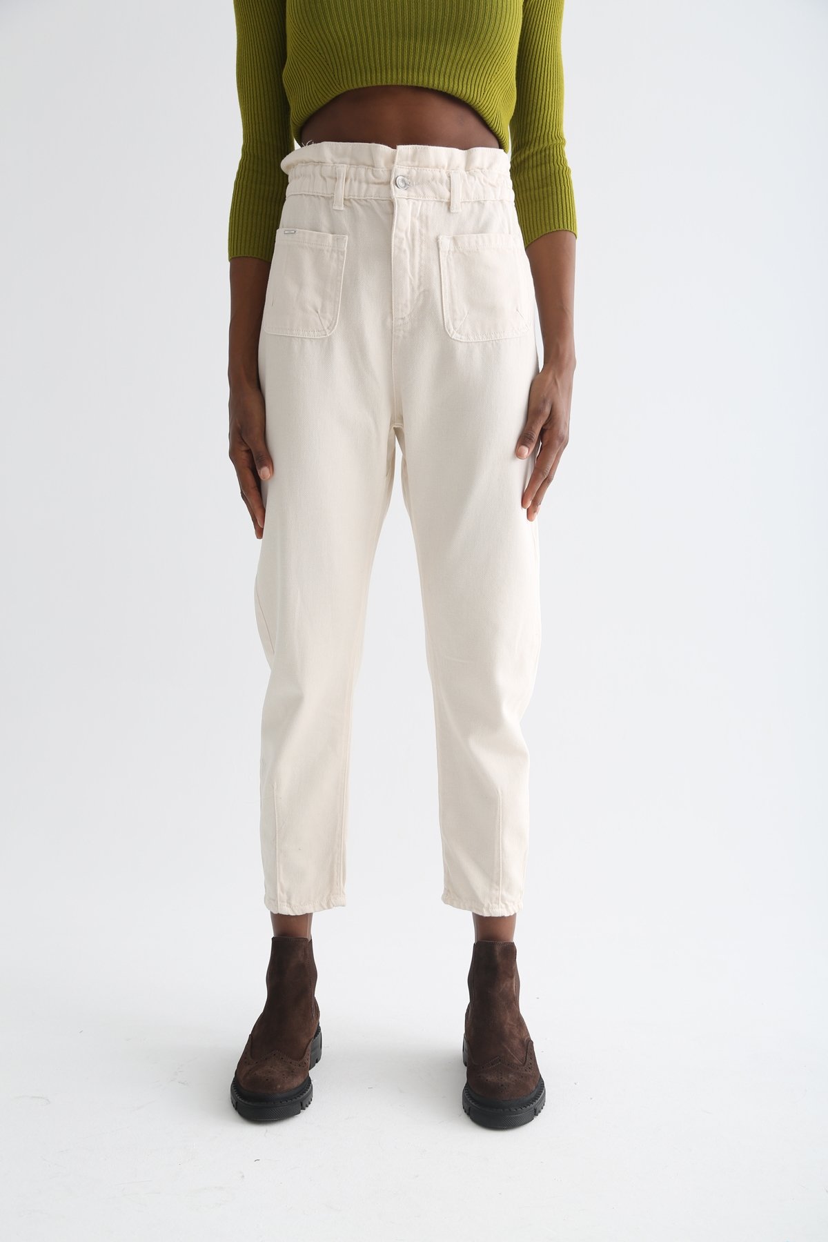 Krem Beli Lastikli Mom Jean 