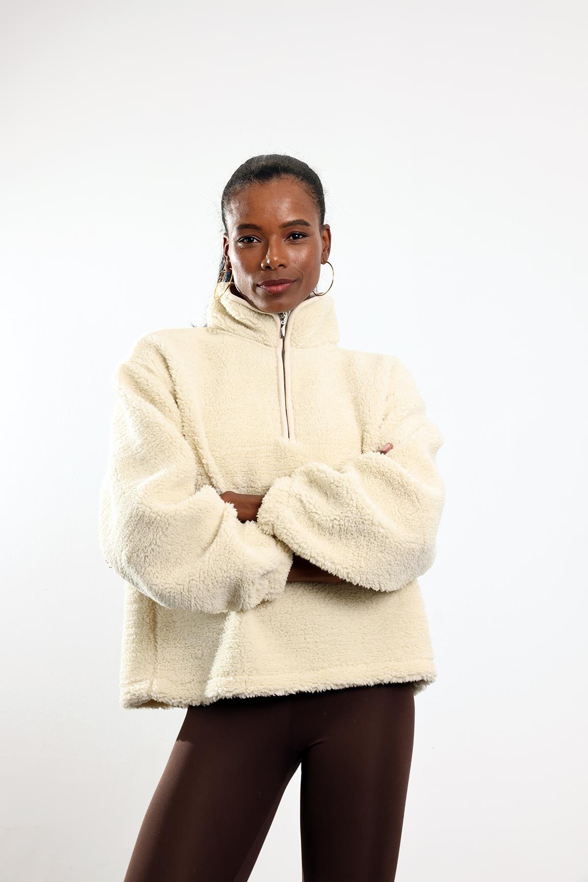 Krem Fermuarlı Polar Sweatshirt 7429