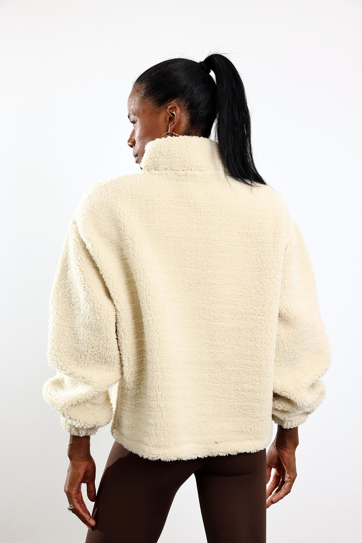 Krem Fermuarlı Polar Sweatshirt 7429