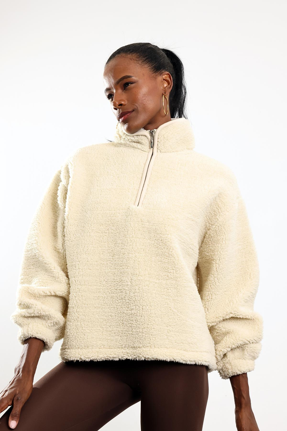Krem Fermuarlı Polar Sweatshirt 7429