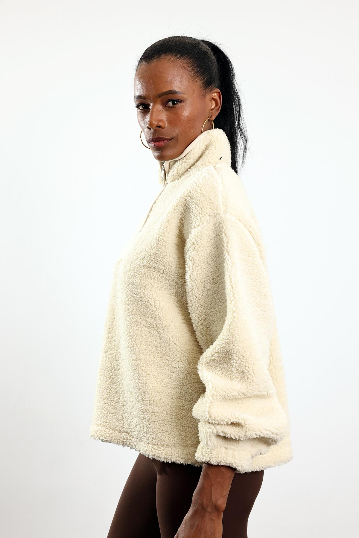 Krem Fermuarlı Polar Sweatshirt 7429