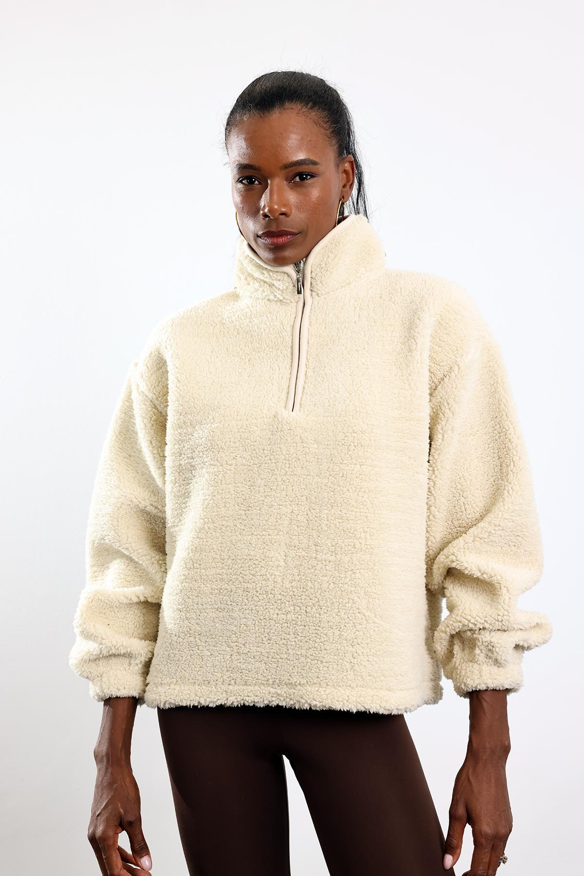 Krem Fermuarlı Polar Sweatshirt 7429