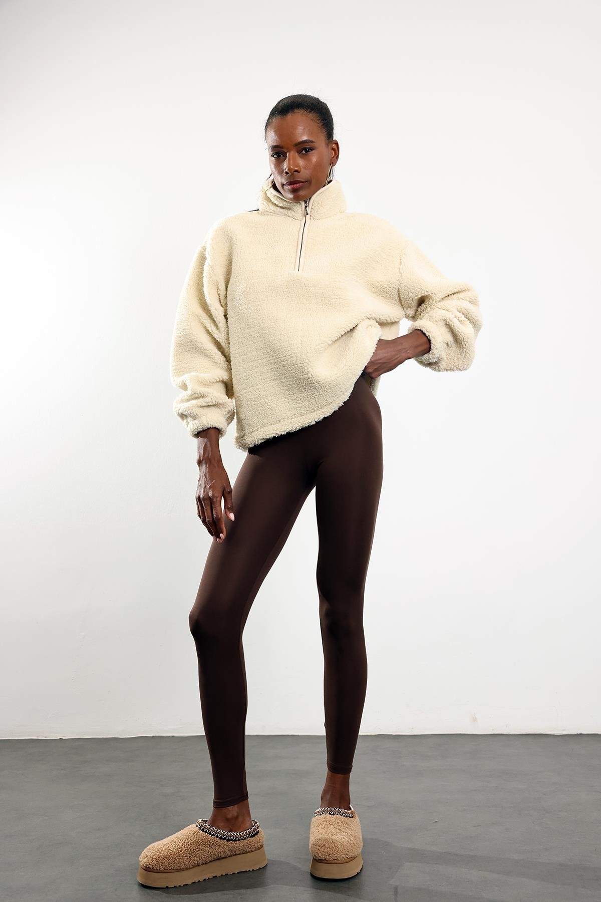 Krem Fermuarlı Polar Sweatshirt 7429