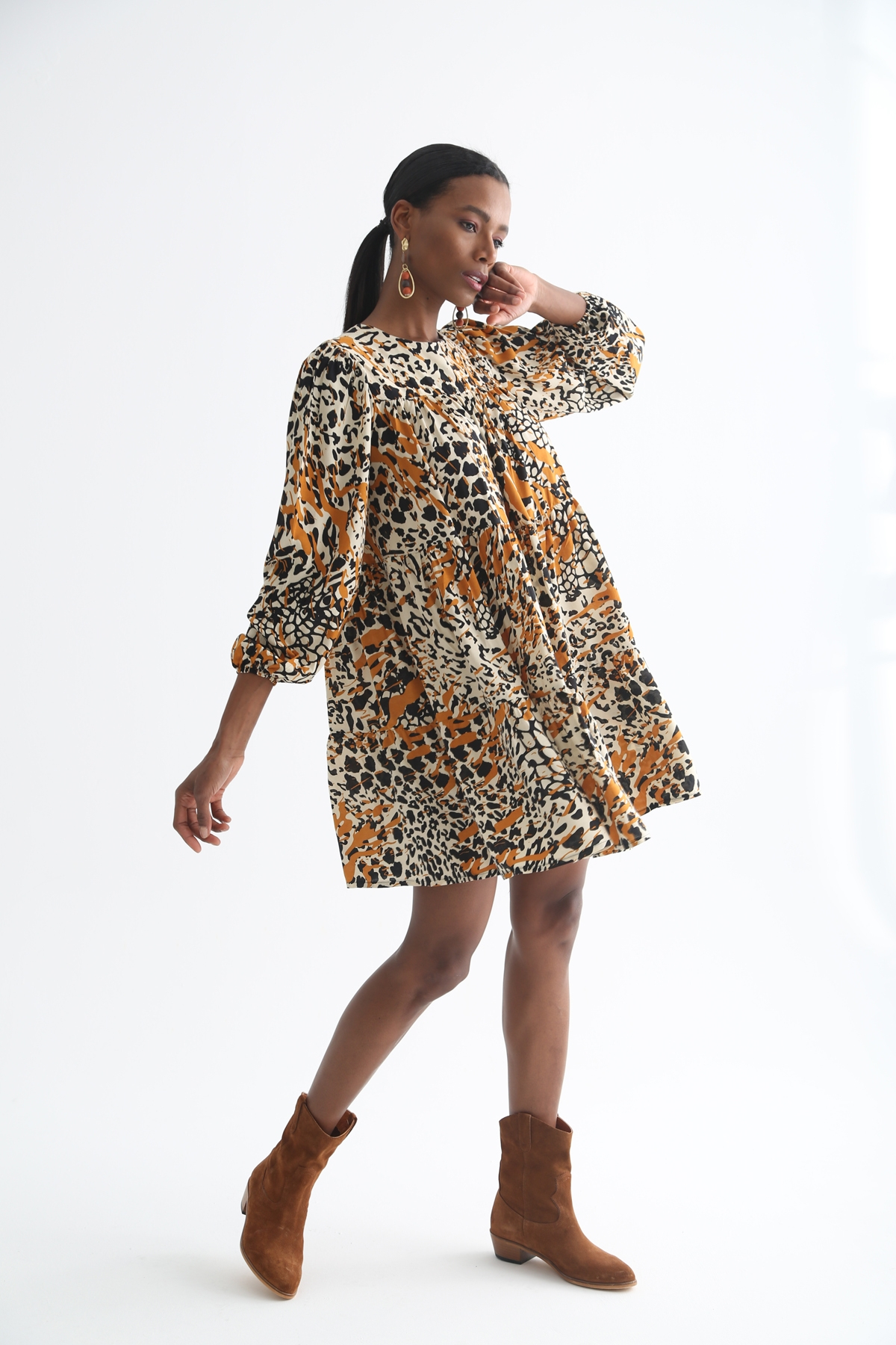 Krem Katlı Mini Oversize Elbise 0122