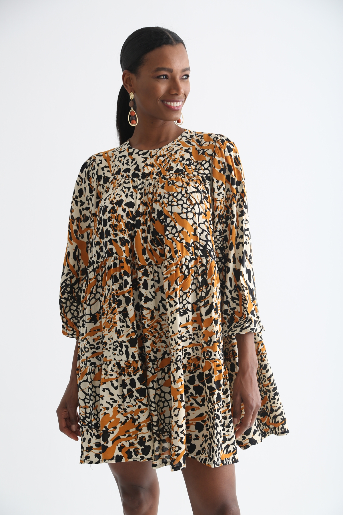 Krem Katlı Mini Oversize Elbise 0122