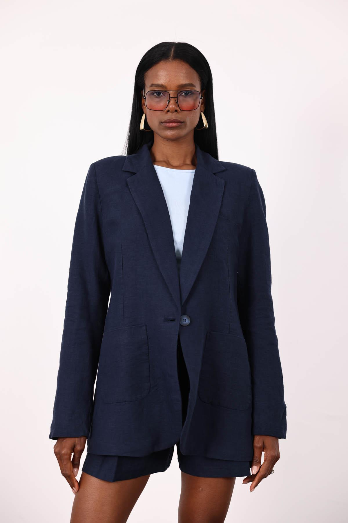 Lacivert %100 Ham Keten Ceket 