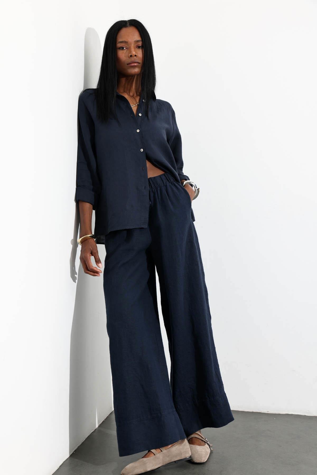 Lacivert %100 Keten Beli Lastikli Pantolon 