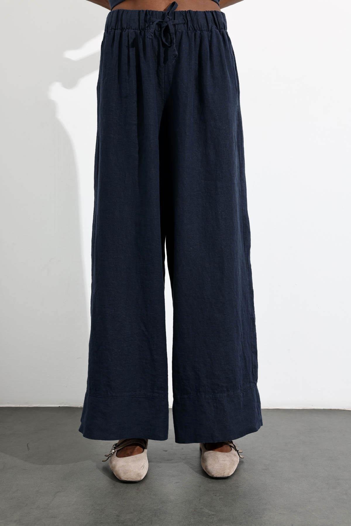 Lacivert %100 Keten Beli Lastikli Pantolon 