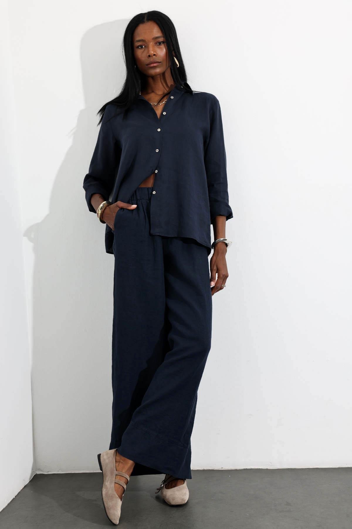 Lacivert %100 Keten Beli Lastikli Pantolon 