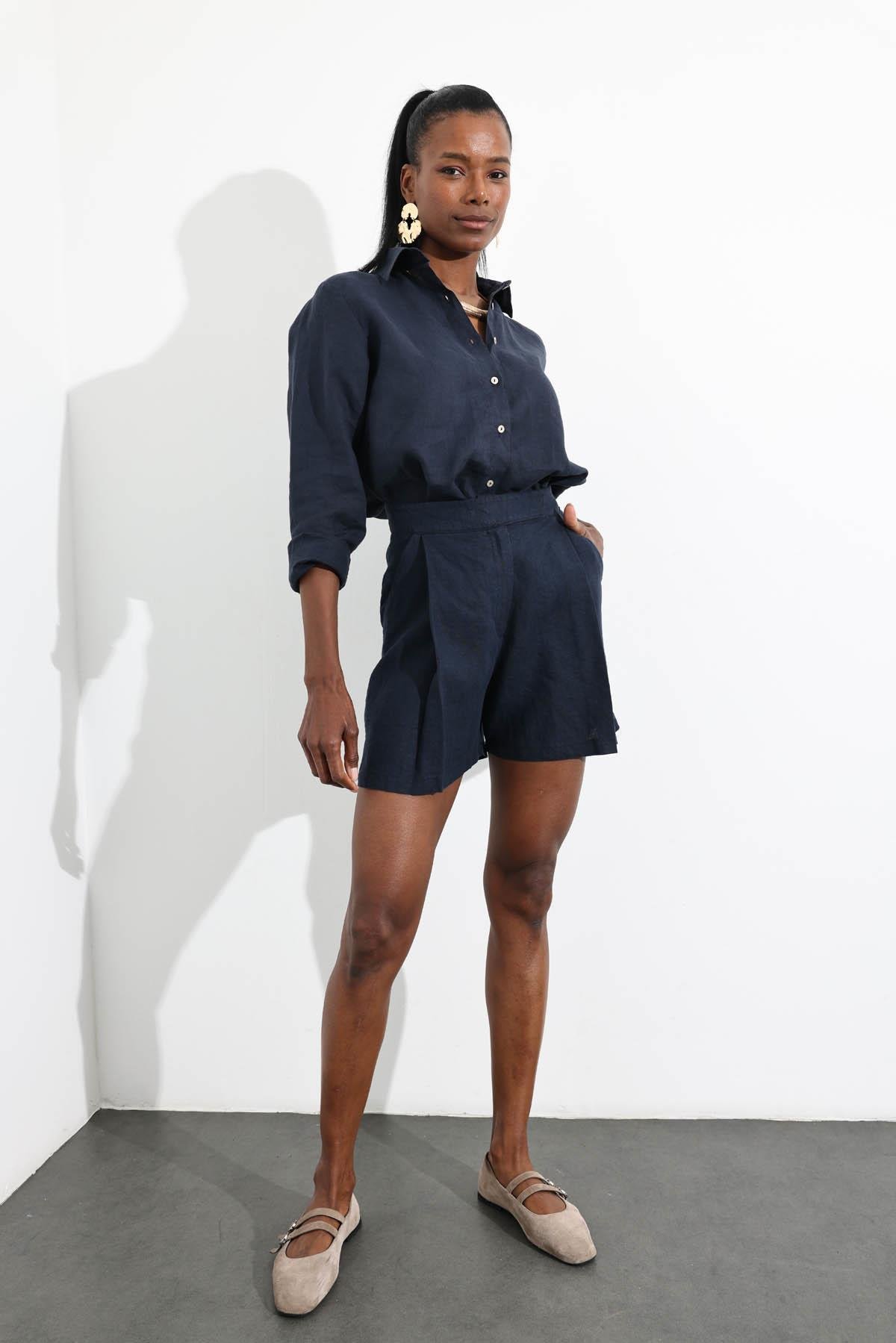 Lacivert %100 Keten Klasik Şort 